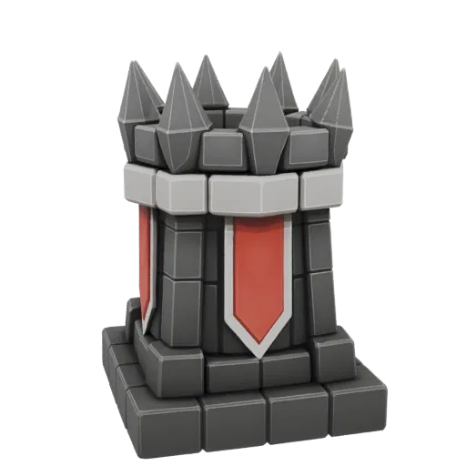 A 3D render of a stylized fantasy tower with dark stone blocks, a white band, a red banner, and pointed battlements.