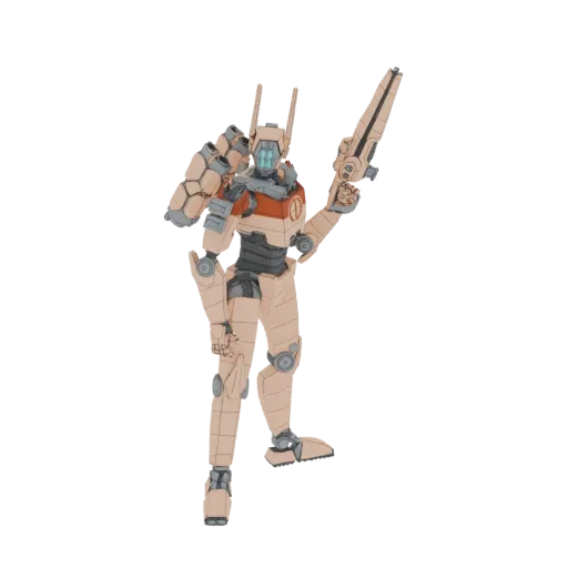 3D model of a sci-fi robot in a dynamic pose, holding a futuristic rifle, with a tan and orange color scheme.