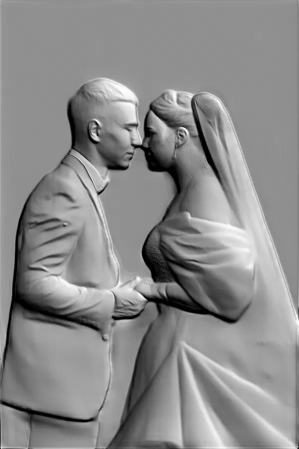 3D model of newlyweds bas-relief, bride and groom looking at each other, hands intertwined