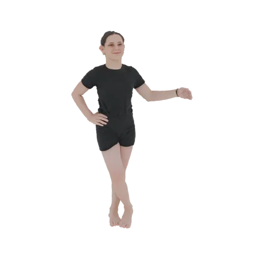 3D model of a young female dancer in a black leotard and shorts, posed with one arm extended and the other on her hip, on a w