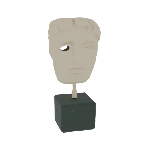 Modèle 3D d'un buste classique avec un œil gauche manquant, rendu avec une texture pierre, monté sur un piédestal carré sombr