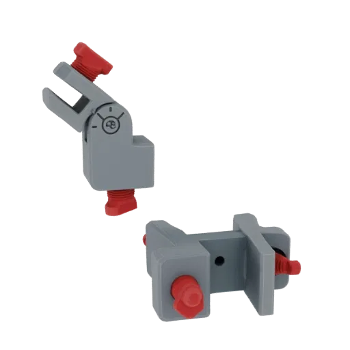 3D model of two gray adjustable clamps and brackets with red knobs, displayed against a white background.