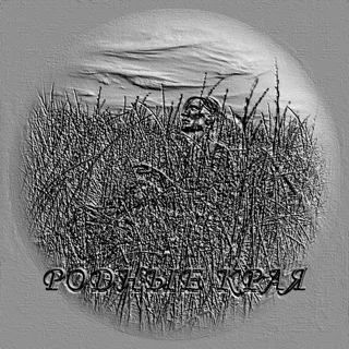 3D model of "Native Lands" relief with a face peeking from tall grass, in monochrome style.