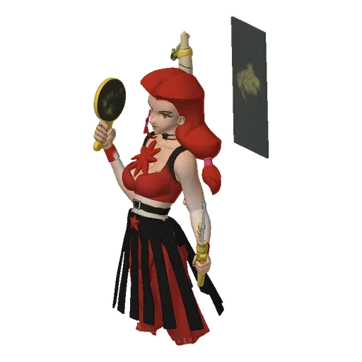 3D model of an anime sorceress with red hair, wearing a red and black outfit, holding a sword and a mirror.