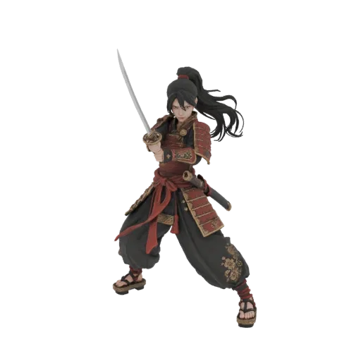 Modelo 3D de um guerreiro Samurai em armadura vermelha e dourada, segurando uma katana em pose de combate.
