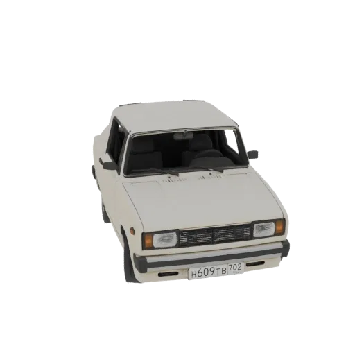Modèle 3D de sedan blanc classique avec plaque d'immatriculation russe, vu d'en haut.