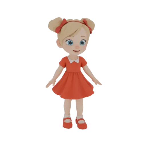3D model of a cute cartoon girl with blonde pigtails, blue eyes, and a red dress, standing and smiling.