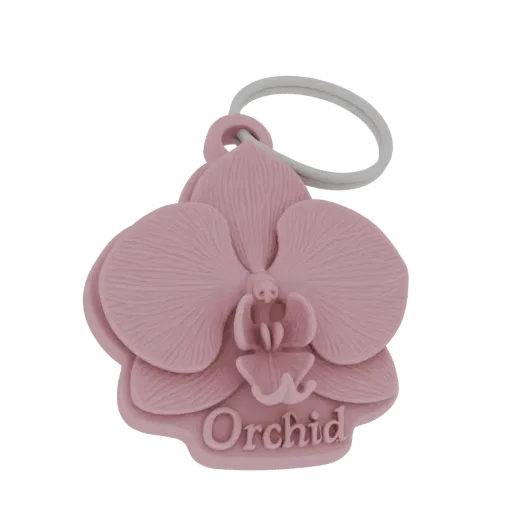 3D model of a pink orchid flower with the word 'Orchid' embossed on its petals, attached to a light grey loop for a keychain.
