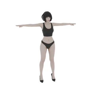 3D model of an anime girl in a T-pose, wearing a black crop top, black underwear, and black high heels, with short black hair