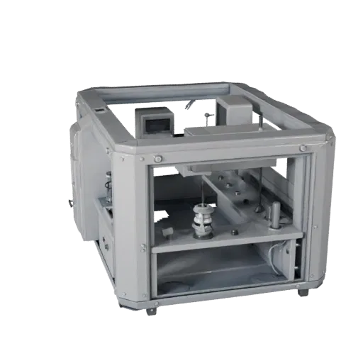 Clean Room Containment Pod Low Poly 3D model, game viewport three-quarter view, showing clean metal, bench-top devices.