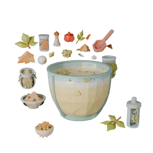 Pantry Herb Bundle Low Poly 3D model, game viewport three-quarter view, showing powders, small ingredient shapes.