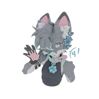 A 3D render of a cute gray wolf character with pastel accessories, waving with its left paw.