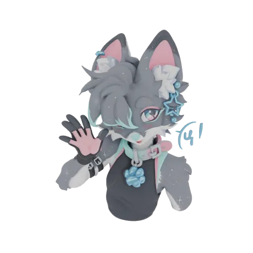 Un rendu 3D d'un loup gris mignon avec des accessoires pastel, saluant de sa patte gauche.