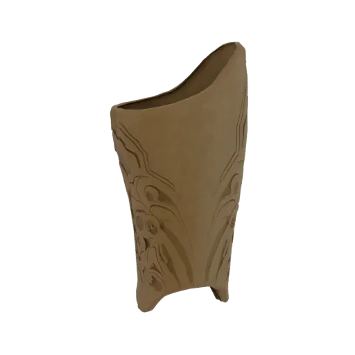3D model of a tall, beige ceramic vase with intricate, raised floral patterns along its body, set against a black background.