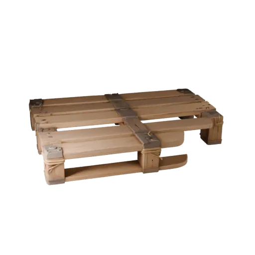 Medieval Wooden Pallet Low Poly 3D model, game viewport three-quarter view, showing wood planks, stackable massing.