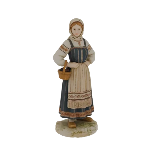3D model of a woman in traditional folk costume holding a basket, with detailed embroidery and a headscarf.