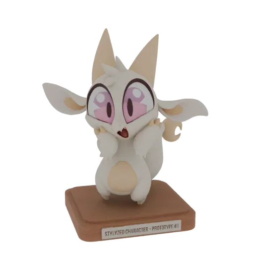 3D render of a cute, stylized fennec fox character with large pink eyes, cream fur, and large ears, posed on a brown display
