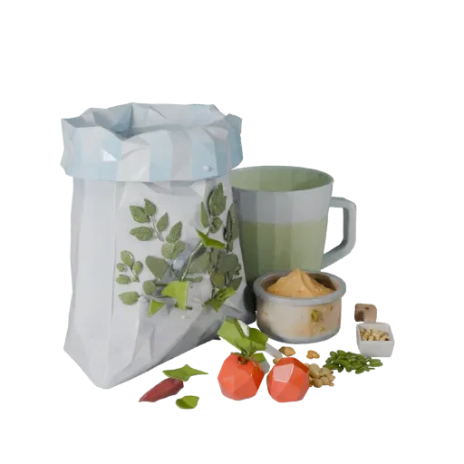 Fresh Herb Rice Sack Low Poly 3D model, game viewport three-quarter view, showing powders, small ingredient shapes.