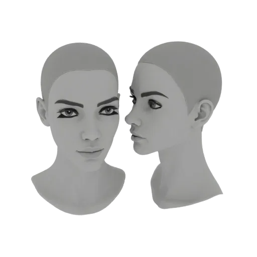 3D render of a stylized female head with sharp, Egyptian-inspired eye makeup, shown from front and side views.