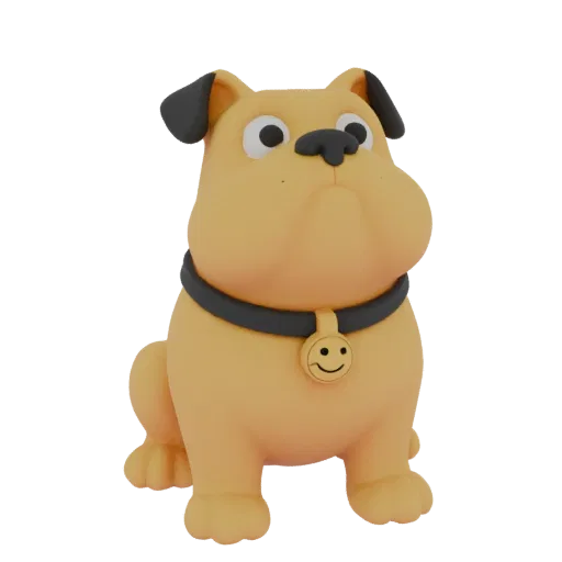 3D model of a cute sitting bulldog piggy bank in cartoon style with a collar and smiley charm.
