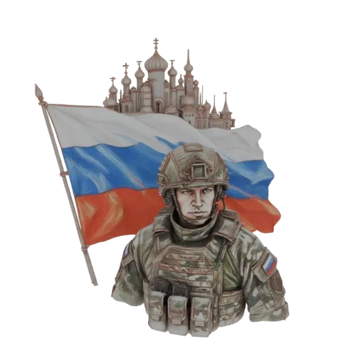 3D model of a Russian soldier in tactical gear, with the Russian flag and a miniature cathedral in the background.