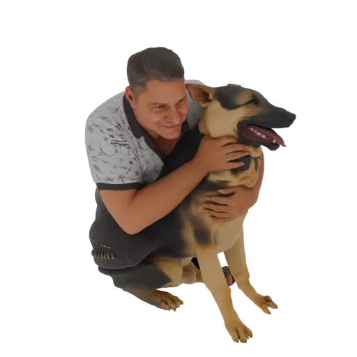 3D model of a man with short dark hair, wearing a patterned shirt, hugging a German Shepherd dog with tan and black fur.