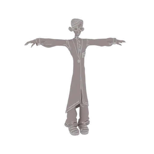 3D model of a stylized scientist in a T-pose, wearing glasses and a lab coat, against a white background.