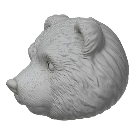 3D model render of a stylized bear head relief with detailed fur texture and large eyes, against a black background.