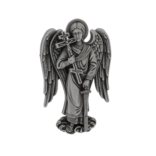 3D model of Archangel Michael with wings spread, holding a sword and a cross, standing on clouds.