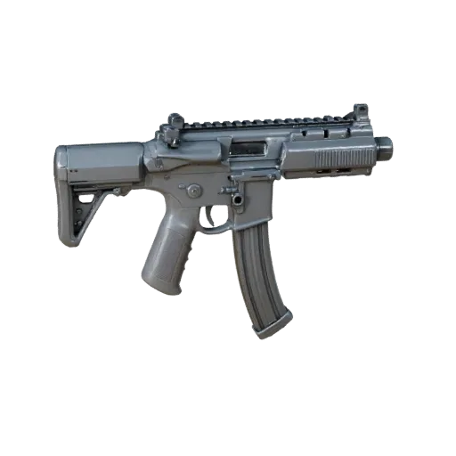 Modelo 3D Tática Prop Sidearm, vista frontal em três quartos, viewport Unity, mostrando metal pintado, detalhe da forma.