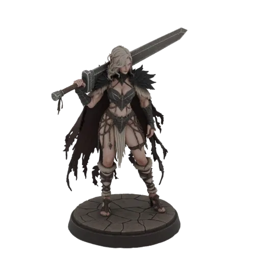 3D model of a dark fantasy warrior woman with blonde hair, wearing dark armor and fur, holding a large greatsword, standing o