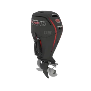 Modelo 3D de un motor fuera de borda Mercury 115 Pro XS, mostrado desde una vista frontal de tres cuartos sobre un fondo blan