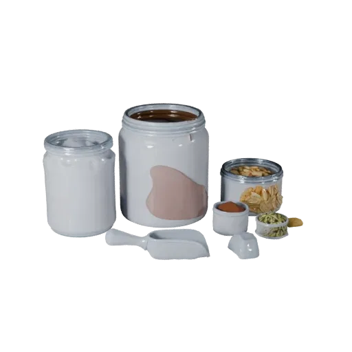 Baking Spice Jars 3D model, three-quarter front view, AR viewer studio render, showing powders, small ingredient shapes.