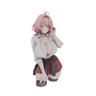 Modèle 3D d'une écolière d'anime aux cheveux roses, portant une chemise blanche et une jupe à carreaux rouges, posant dynamiq