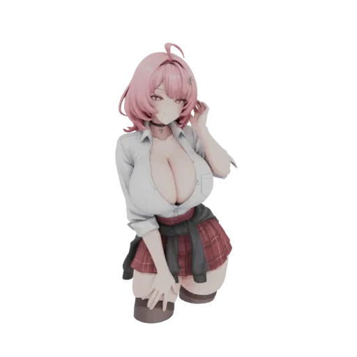 Modèle 3D d'une écolière d'anime aux cheveux roses, portant une chemise blanche et une jupe à carreaux rouges, posant dynamiq