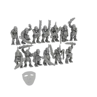 Eine Sammlung von 12 grauen, 3D-gedruckten Ork-Miniaturen, dynamisch angeordnet, mit einer separaten grauen Maske im Vordergr