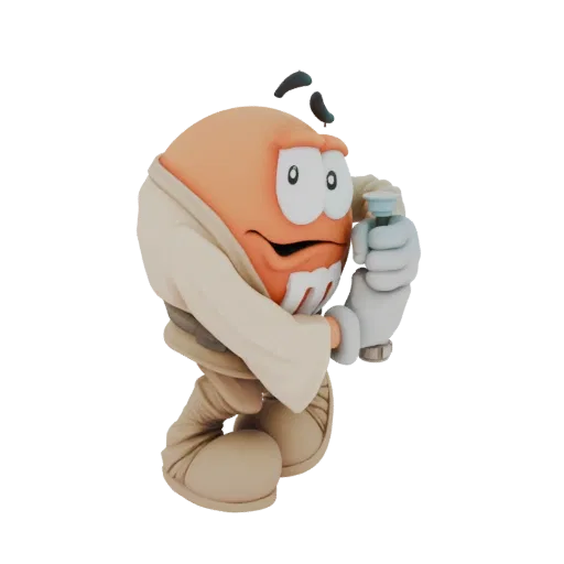 3D model of the Orange M&M character dressed as a Jedi Knight, holding a lightsaber hilt and wearing a robe.