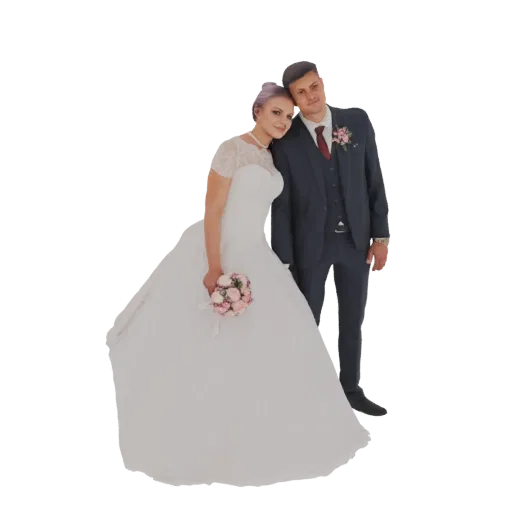 3D model of a wedding couple, bride in white gown holding roses, groom in navy suit, posing romantically.