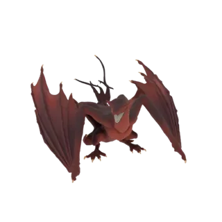 Modèle 3D d'un dragon cramoisi avec de grandes ailes déployées, des griffes acérées et une expression féroce, sur fond blanc.