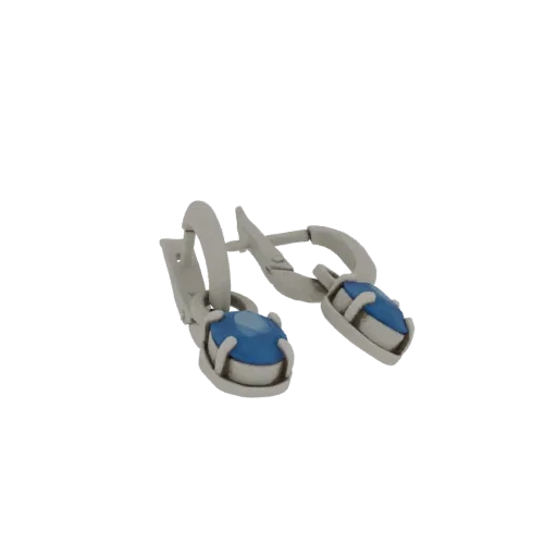 3D model of a pair of elegant silver earrings, each featuring a prominent oval-cut blue gemstone.