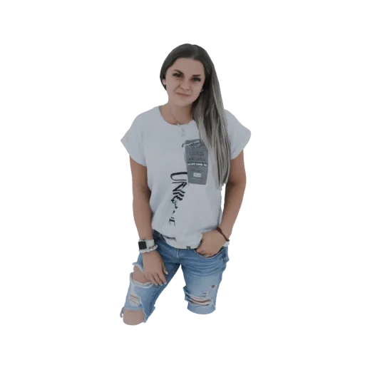 3D model of a young woman with long ombre hair, wearing a white graphic t-shirt and ripped blue jeans, standing with one hand