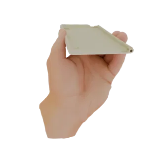 A 3D render of a human hand holding a beige plastic clip against a white background.