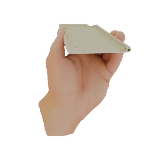 A 3D render of a human hand holding a beige plastic clip against a white background.