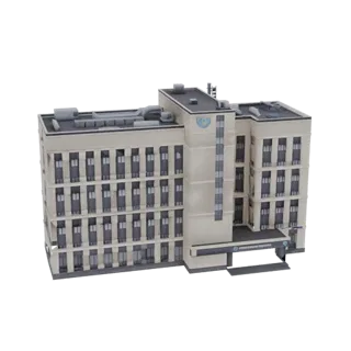 3D model of a modern, multi-story office building with a light-colored facade and dark windows, set against a black backgroun