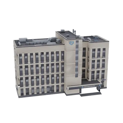 3D model of a modern, multi-story office building with a light-colored facade and dark windows, set against a black backgroun