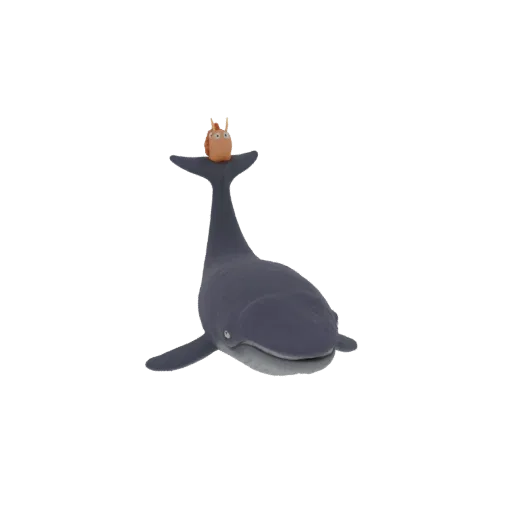 Un rendering 3D di una balena amichevole grigio scuro con una piccola lumaca arancione appollaiata sulla sua pinna caudale, s