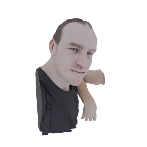 3D model of a man with blue eyes, short hair, wearing a dark t-shirt, leaning on his arm.