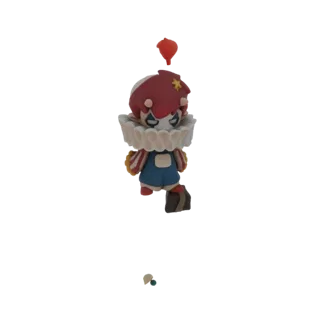 A 3D render of a cute chibi clown character with a red ruffled collar, blue overalls, and a red balloon floating above its he