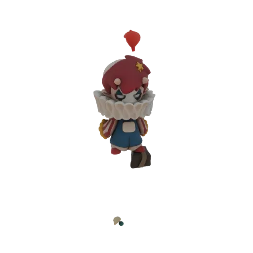 Rendu 3D d'un personnage de clown chibi mignon avec un col à volants rouge, une salopette bleue et un ballon rouge flottant a
