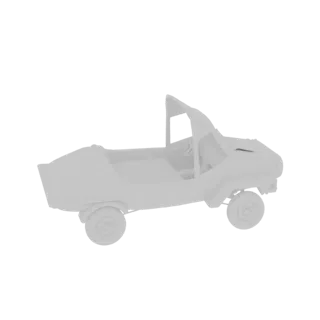 Modelo 3D de un cochecito de playa retro descapotable blanco con ruedas expuestas y un pequeño parabrisas, visto de lado.